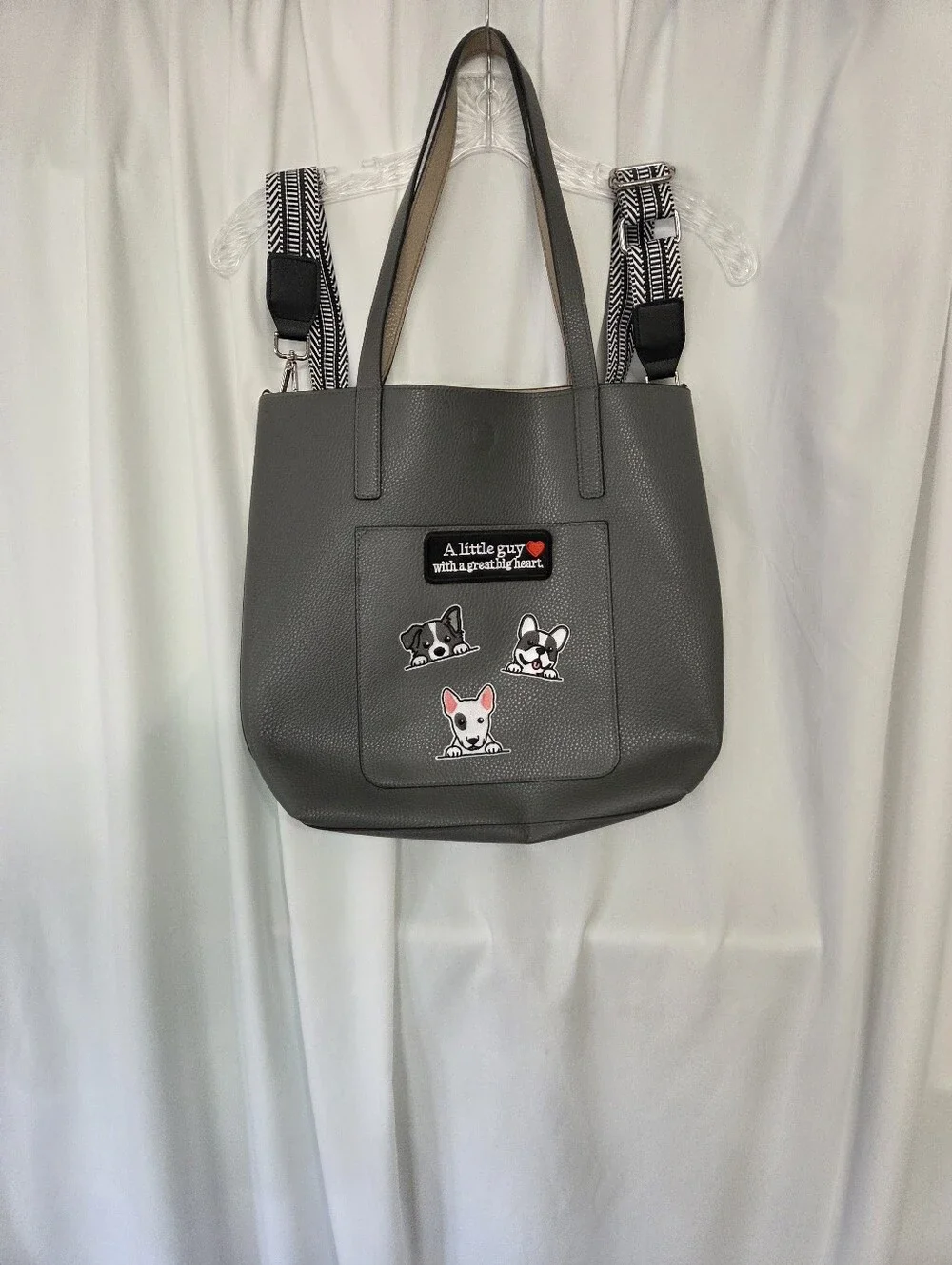 Gray Tote Faux Leather Bag with Dog Patch Accents